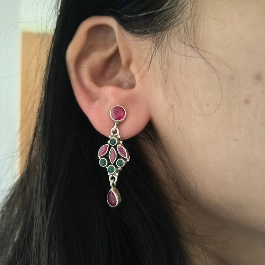 Elegant Circle Stud Pink Green Stone Earring With Pink Pear Drop, Screw And Post