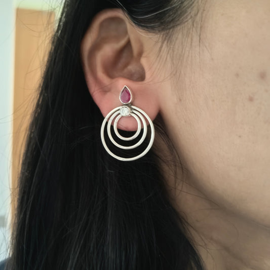 Elegant Three Circle Silver Stud White Pink Stone With Screw And Post