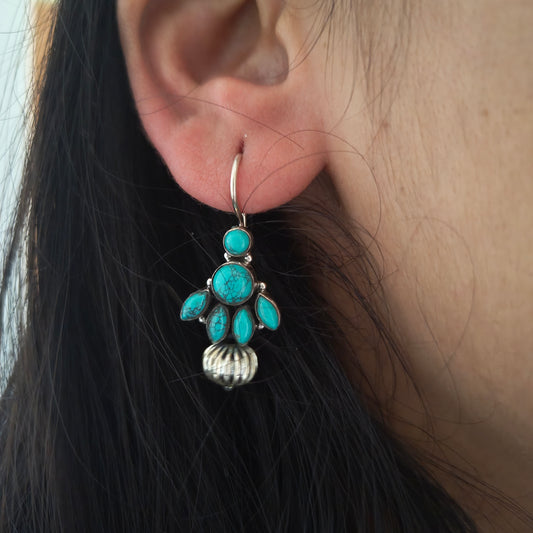 Elegant Half Floral Turquoise Hook Earrings With Silve Ball Drop