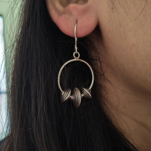 Silver Circular Textured Beaded Drop Earrings With Hooks