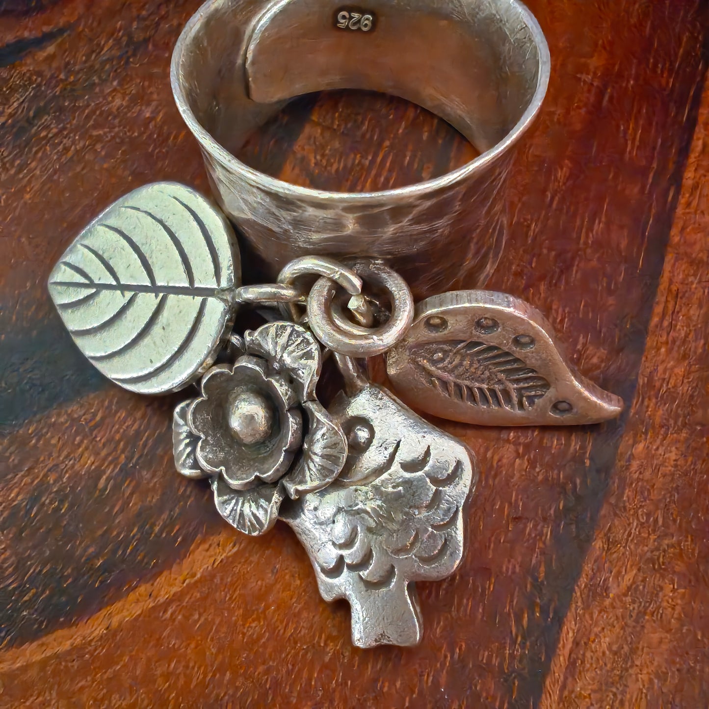 Statement Boho Textured Ring With Fish Leaves Flower Charms