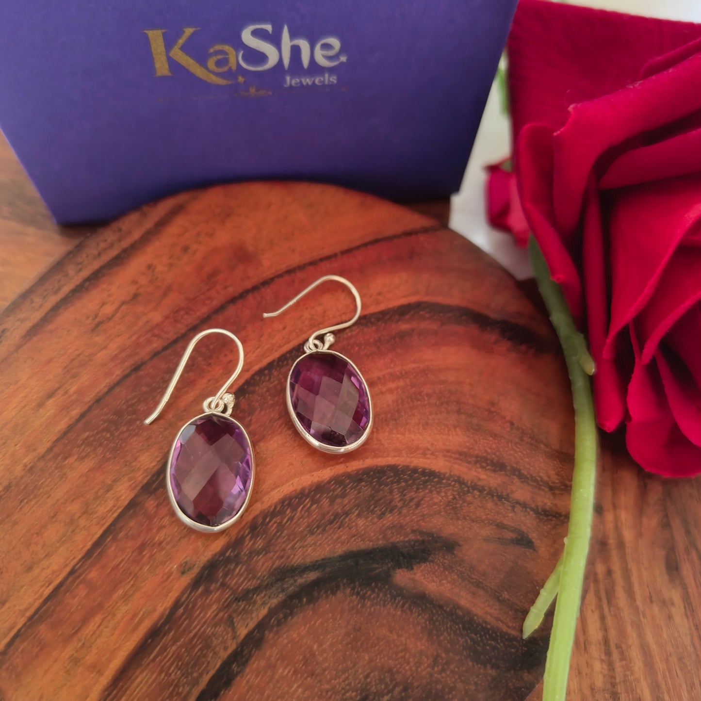 Elegant Oval Drop Purple Faceted Stone Hook Earring Silver