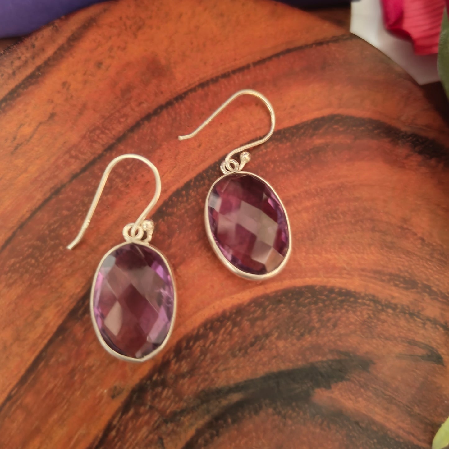 Elegant Oval Drop Purple Faceted Stone Hook Earring Silver