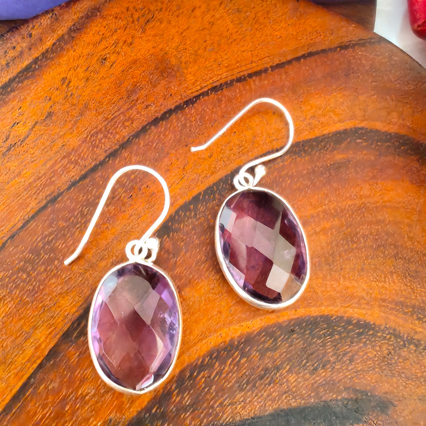 Elegant Oval Drop Purple Faceted Stone Hook Earring Silver