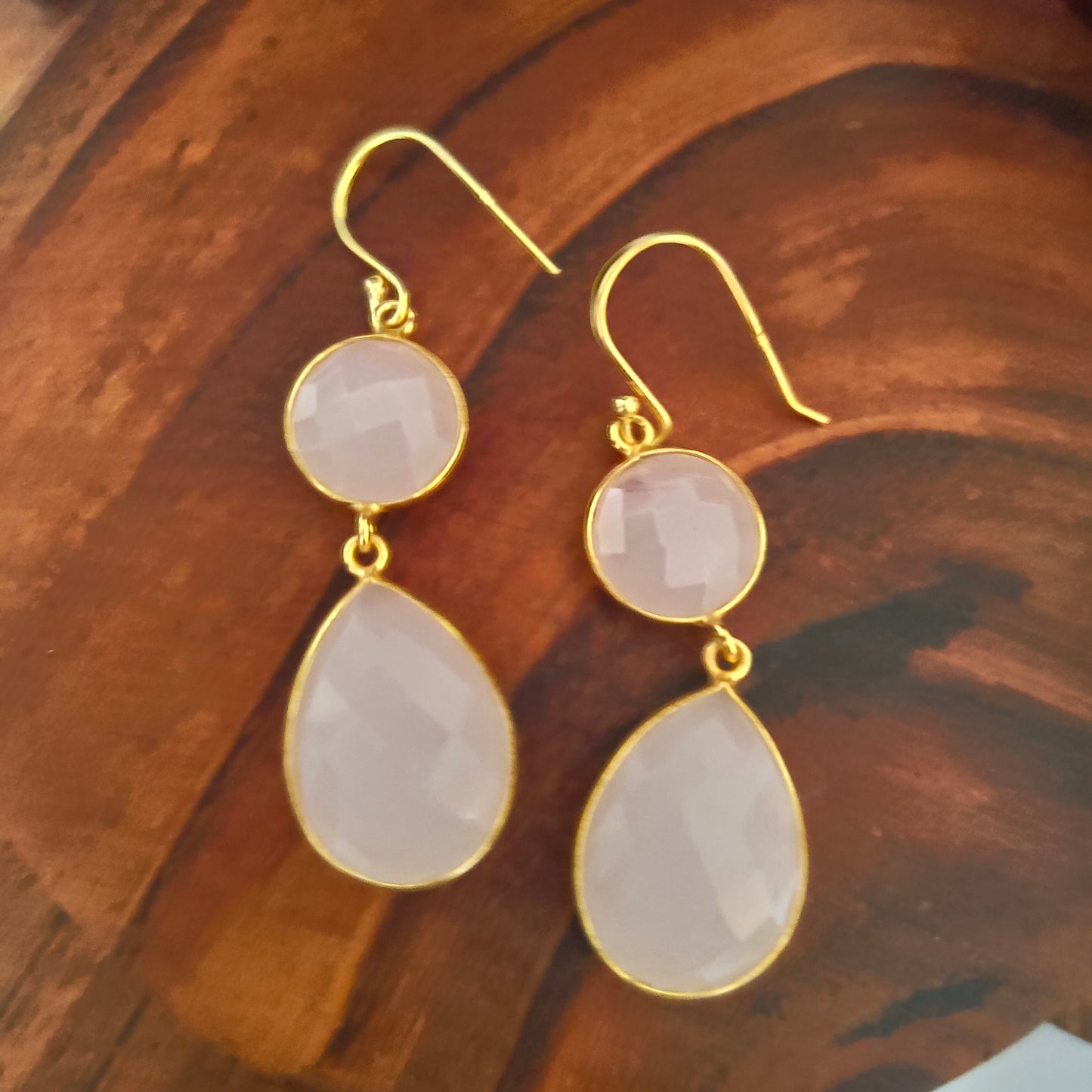 Elegant Circular And Pear Drop Pink Stone Hook Earring