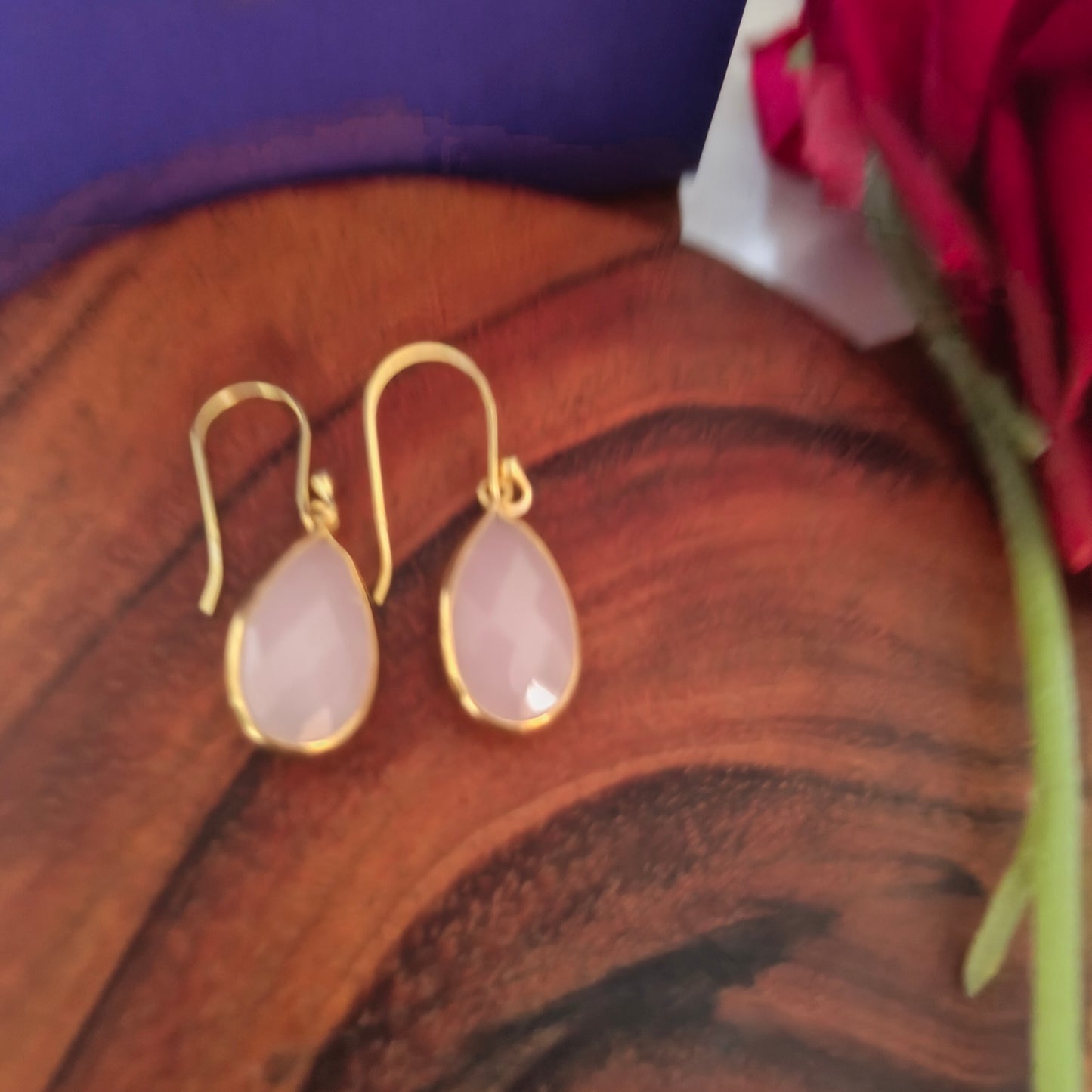 Elegant Pear Drop Pink Faceted Stone Hook Earring In Gold