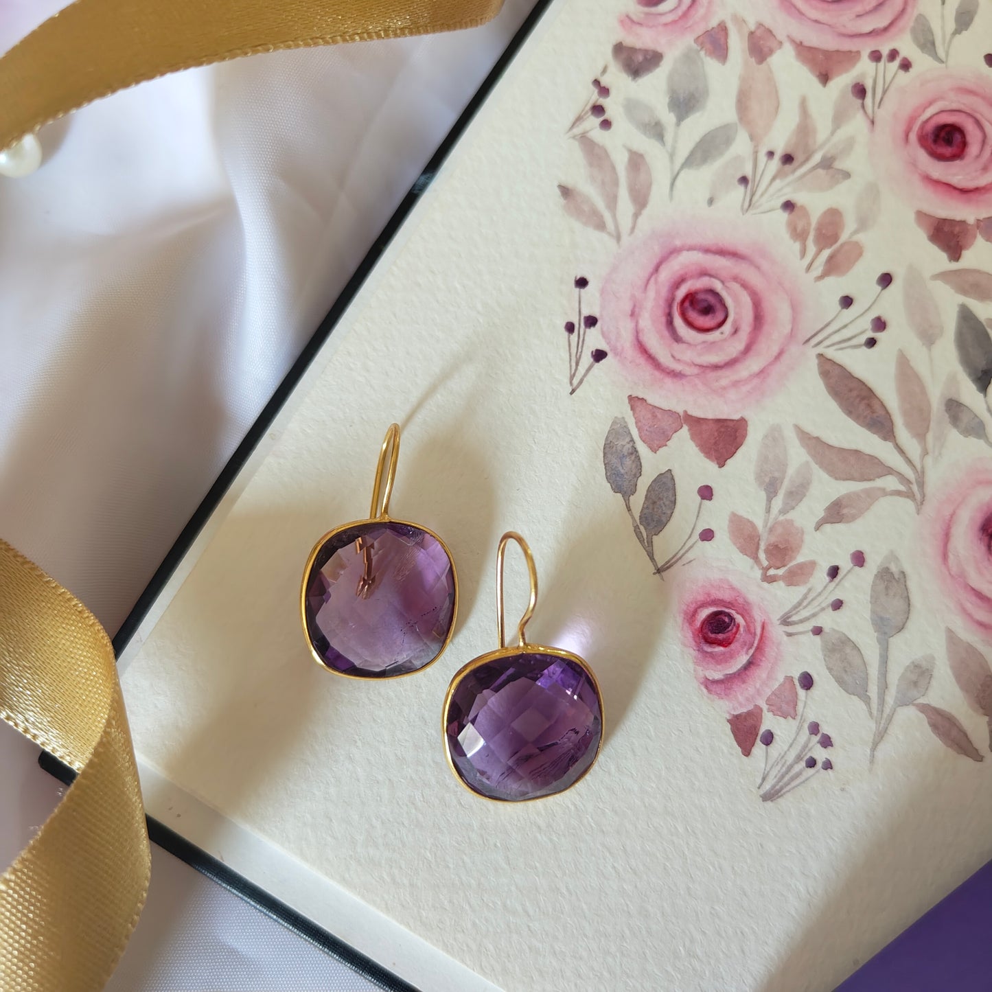 Elegant Square Drop Purple Faceted Stone Hook Earring Gold