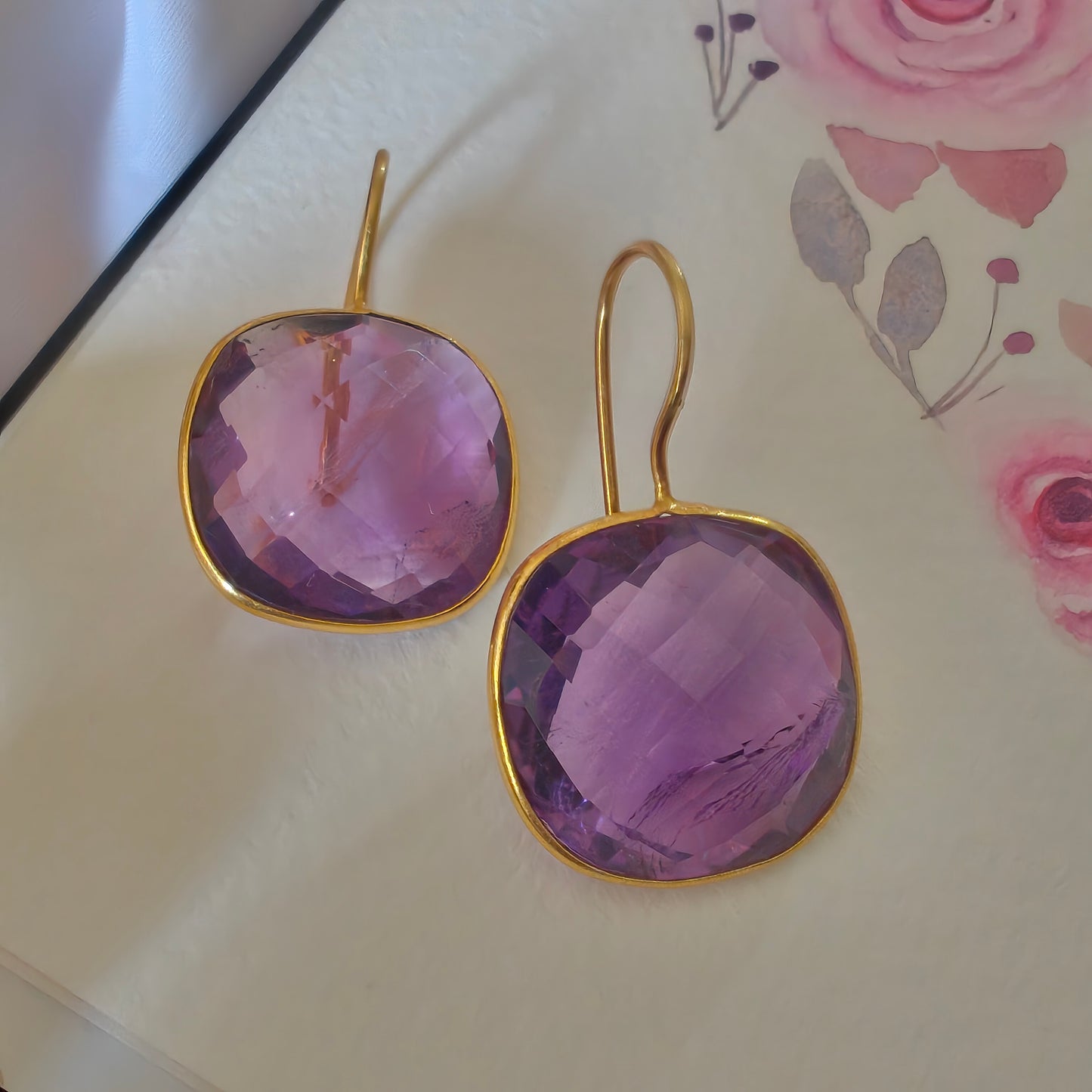 Elegant Square Drop Purple Faceted Stone Hook Earring Gold