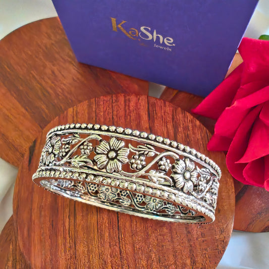 Silver Flower And Leaf Jaali Bangle, 2.6