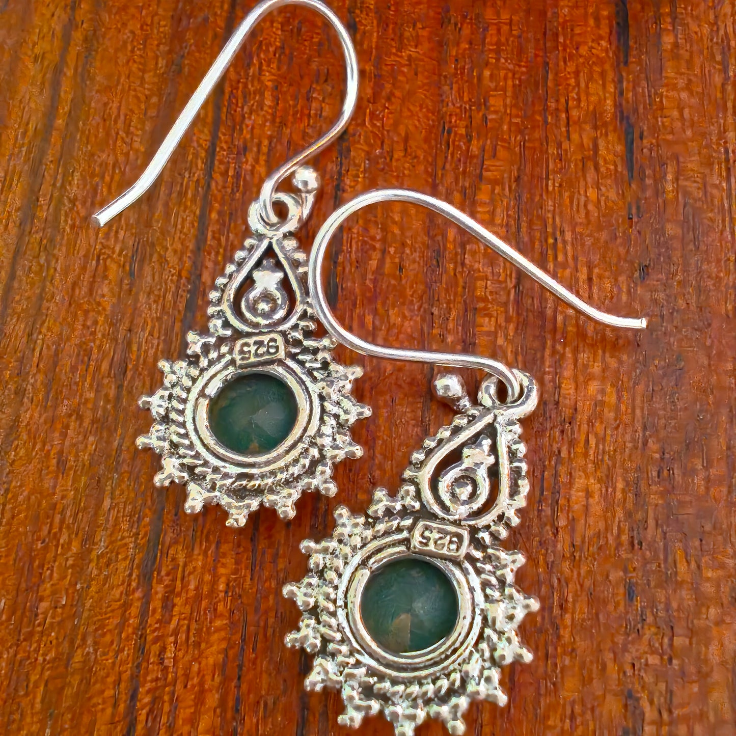 Dainty Silver Green Stone With Leaf Drop Rava Design Hooks