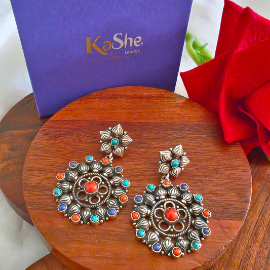 925 Silver Mutli-Color Floral Circular Long Statement Dangler