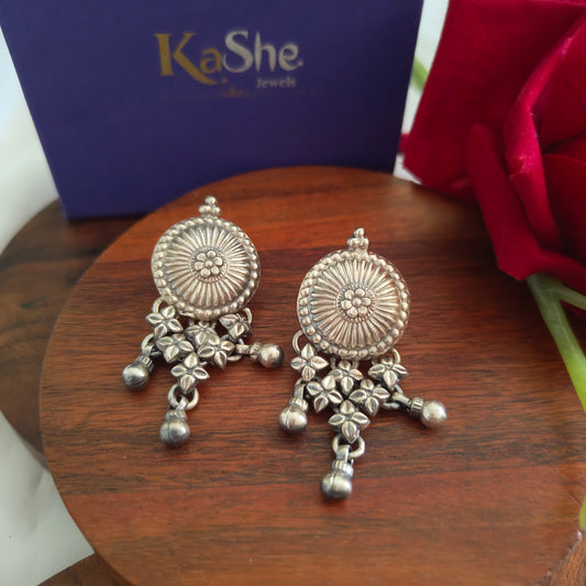 925 Silver Floral Circular Stud, Floral Jali Link and Ball Drops Statement Dangler