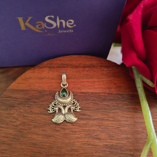 Elegant Crescent Half Moon Peacock With Green Stone Pendant