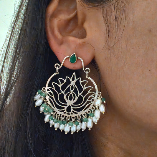 925 Silver Lotus Circular Jali Stud Chandelier With Pearl And Green Stones Drops Statement Dangler