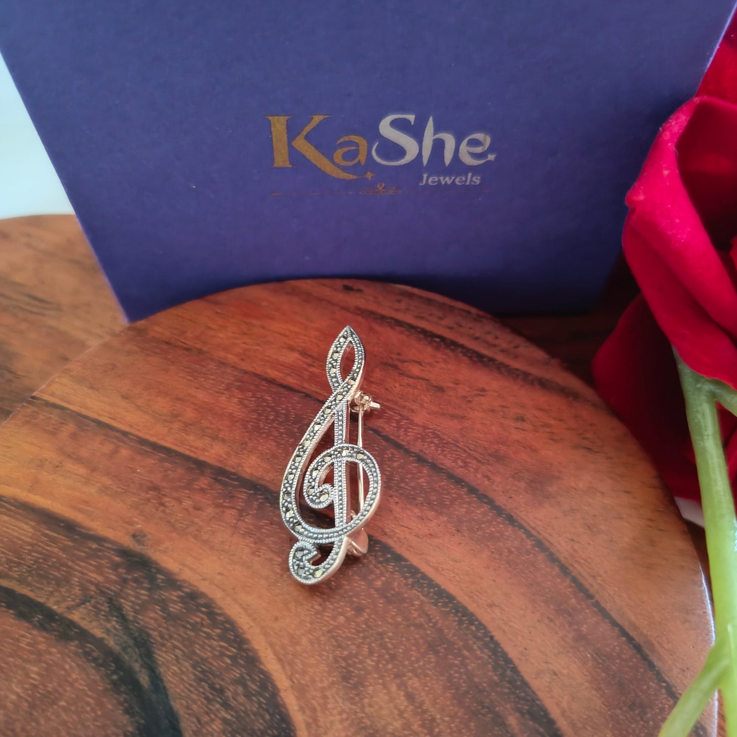 925 Vintage Silver and Marcasite Music Note.  Brooch Pendant