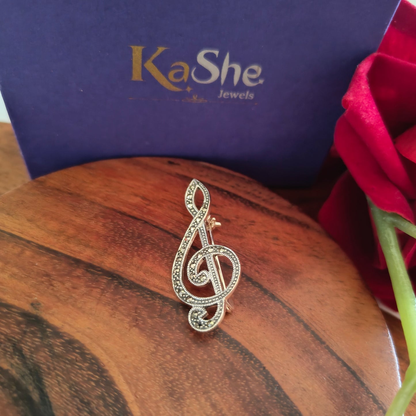 925 Vintage Silver and Marcasite Music Note.  Brooch Pendant