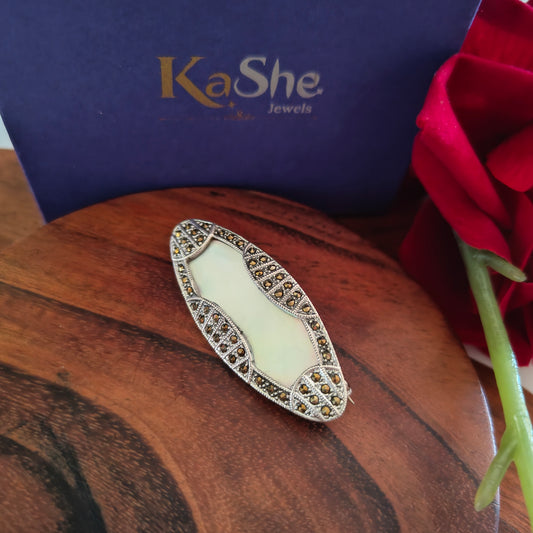 925 Silver Vintage Marcasite Oval Mother of Pearl Brooch Pendant