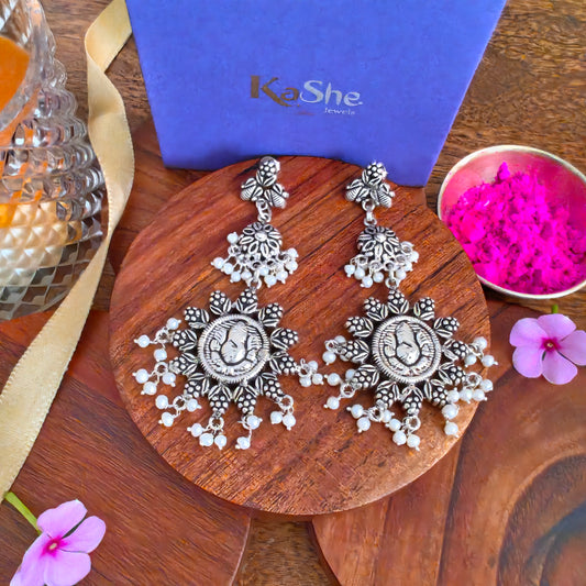 925 Silver Floral Work And Circular Ganesha Ganpati Jali Stud With Pearl  Drops Statement Dangler