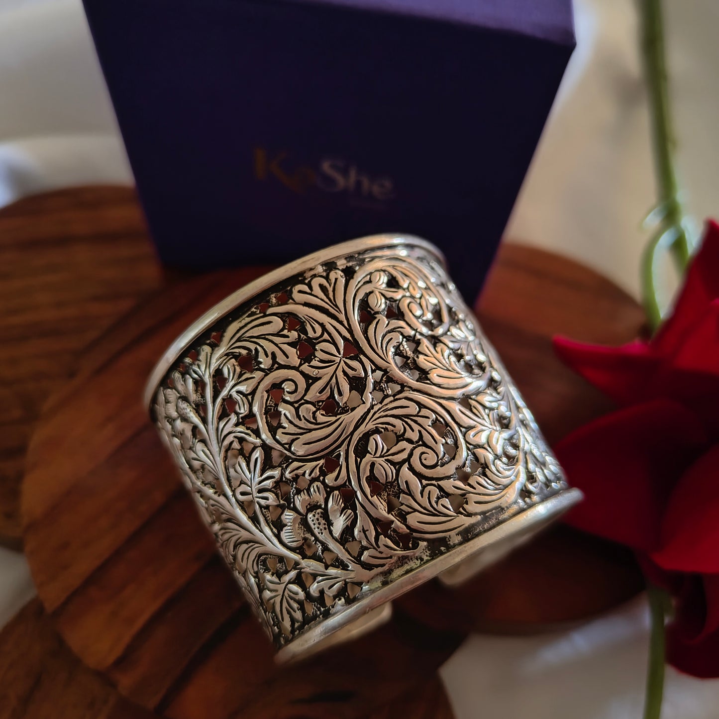 Classic Silver Floral And Fona Statement Chitai Tapered Hand Cuff Bracelet Bangle