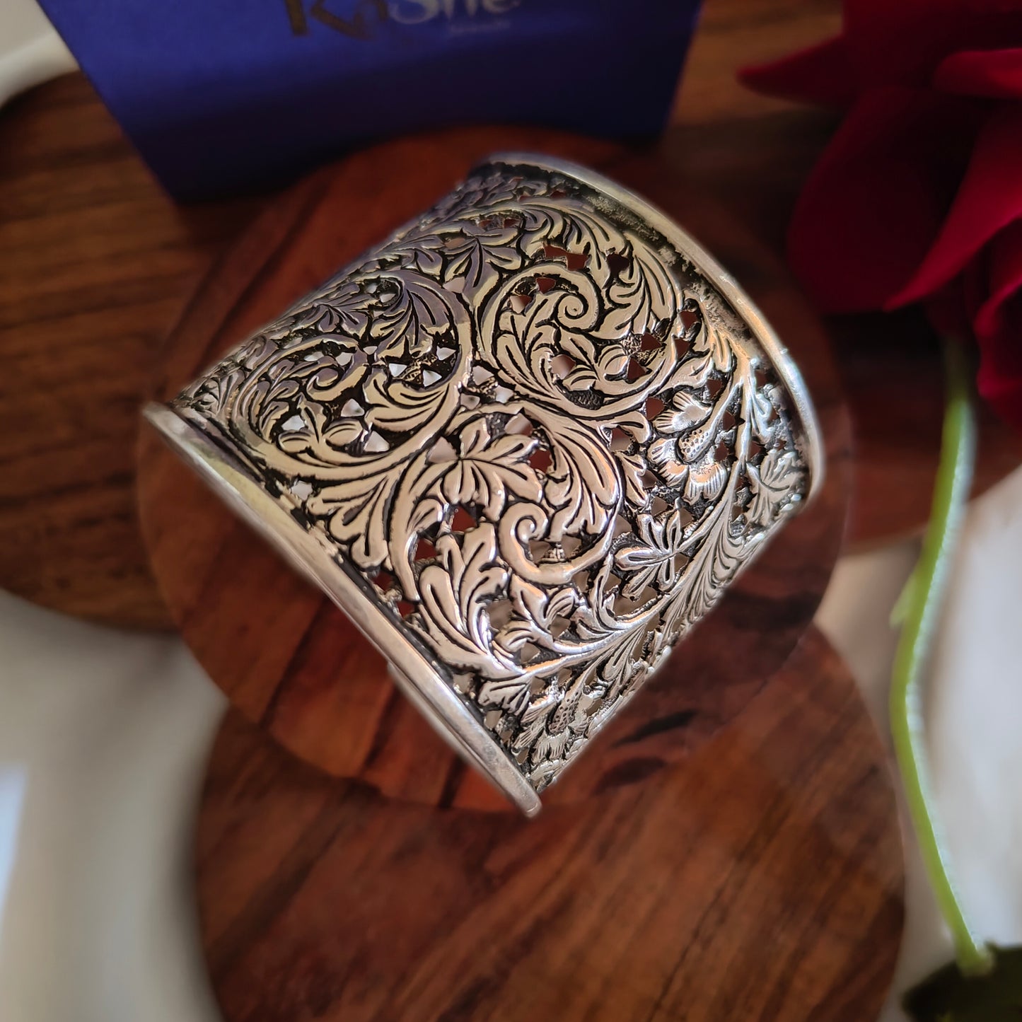 Classic Silver Floral And Fona Statement Chitai Tapered Hand Cuff Bracelet Bangle