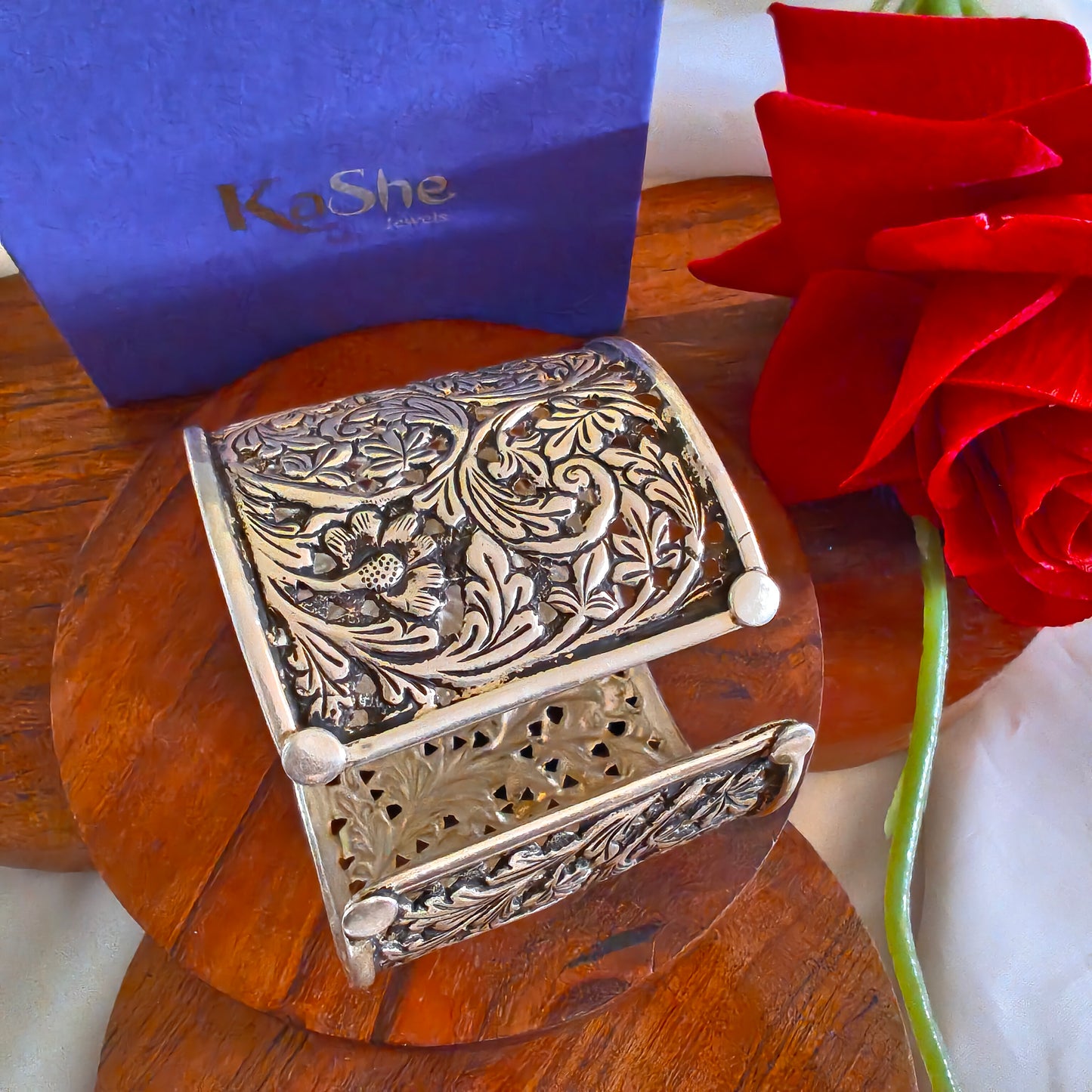 Classic Silver Floral And Fona Statement Chitai Tapered Hand Cuff Bracelet Bangle