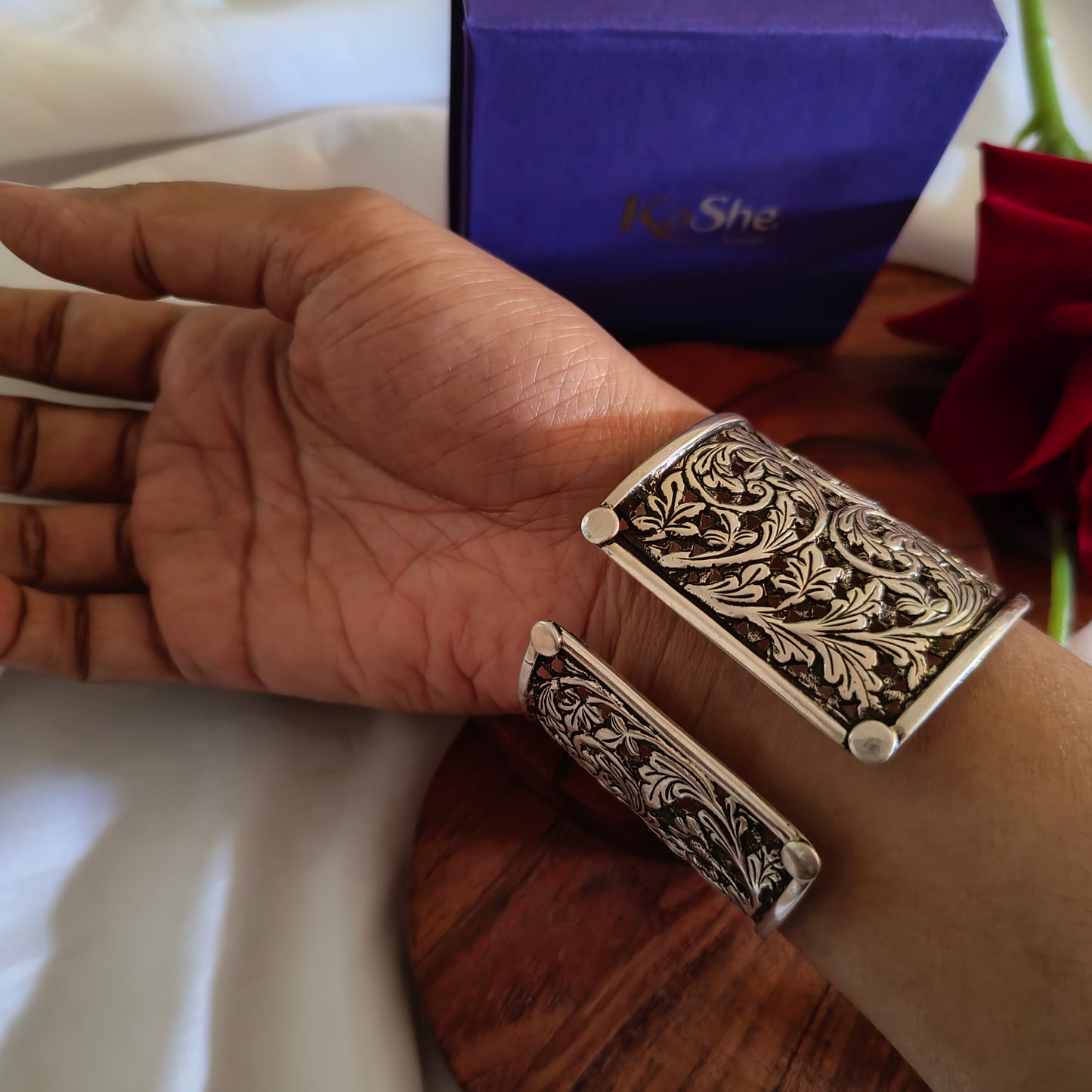 Classic Silver Floral And Fona Statement Chitai Tapered Hand Cuff Bracelet Bangle