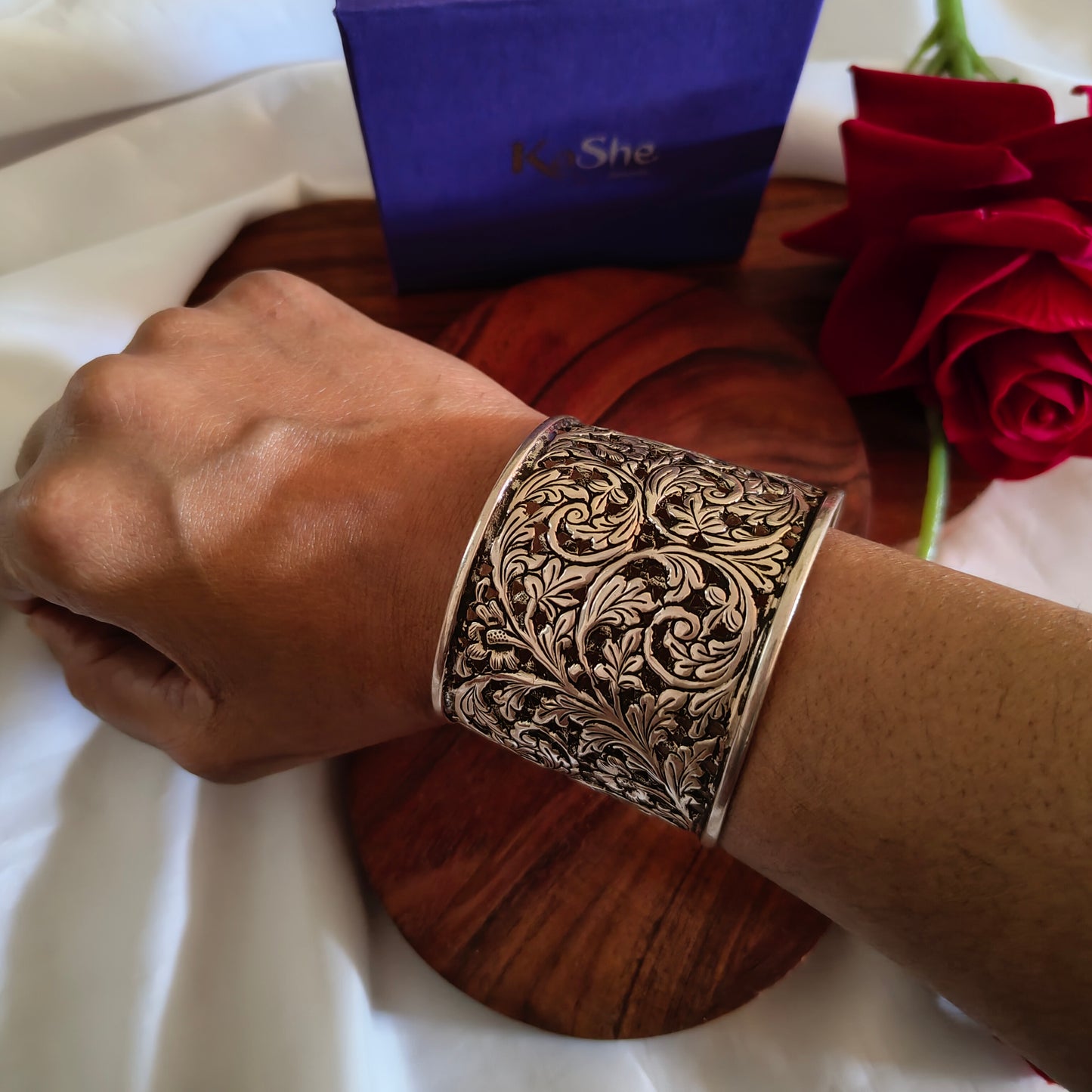 Classic Silver Floral And Fona Statement Chitai Tapered Hand Cuff Bracelet Bangle