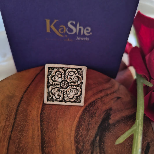 Classic Silver Floral And Fona Chitai Square Shaped Ring