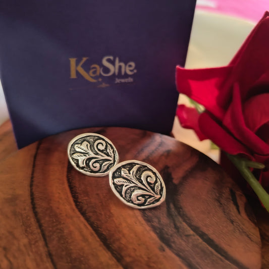 925 Silver Floral And Fona Chitai Oval Shaped Post Stud Earrings