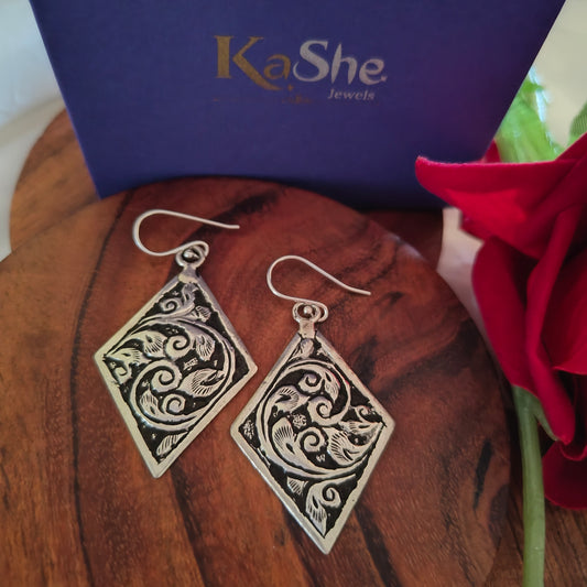 Classic Silver Floral And Fona Chitai Rhombus Shaped Hook Earrings (i)
