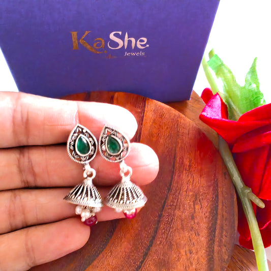 Elegant Pear Intricate Stud Green And Pink  Stone Earrings With Bud Pearl And Stone Drops