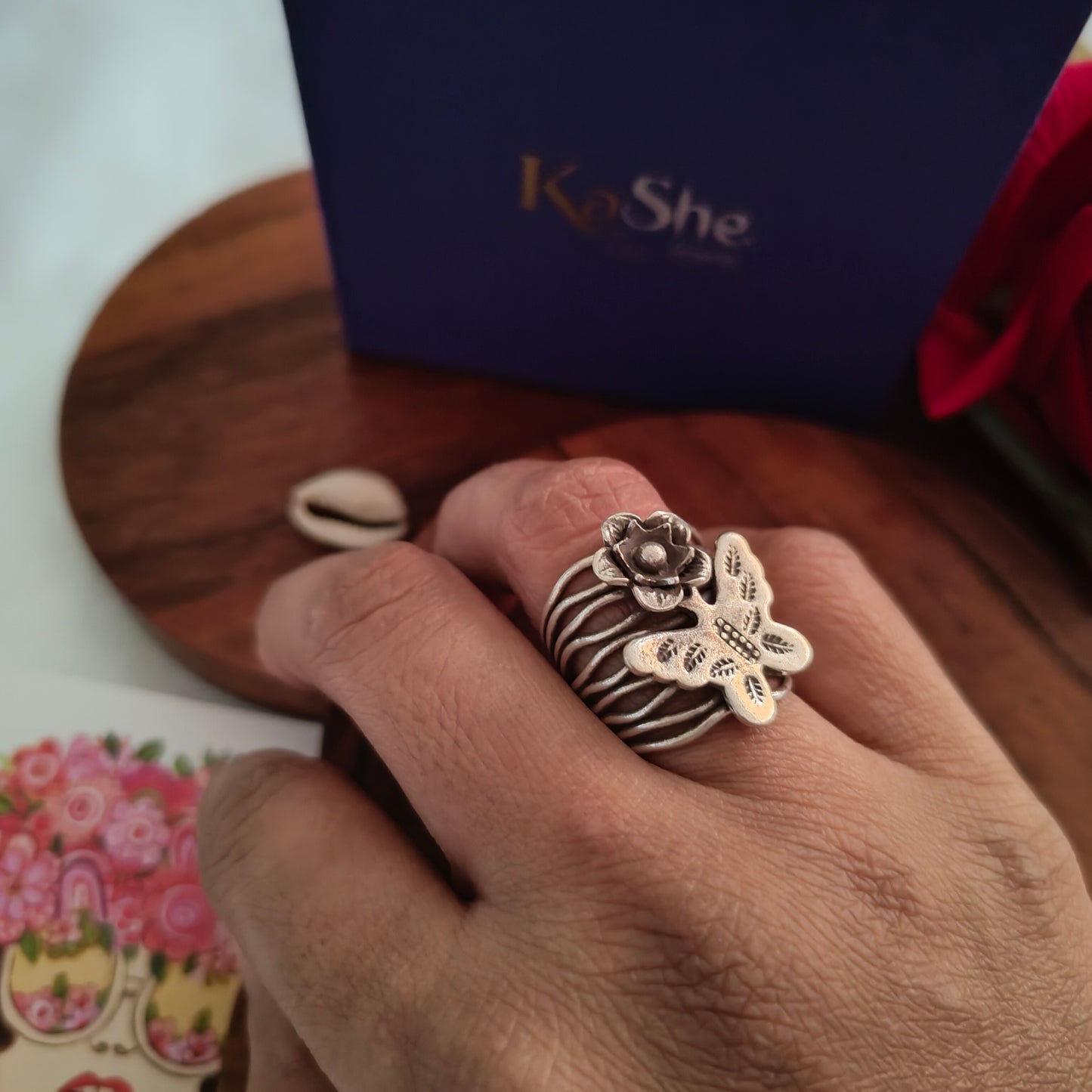 Boho Butterfly And Flower Wire Waves Sterling Silver Ring