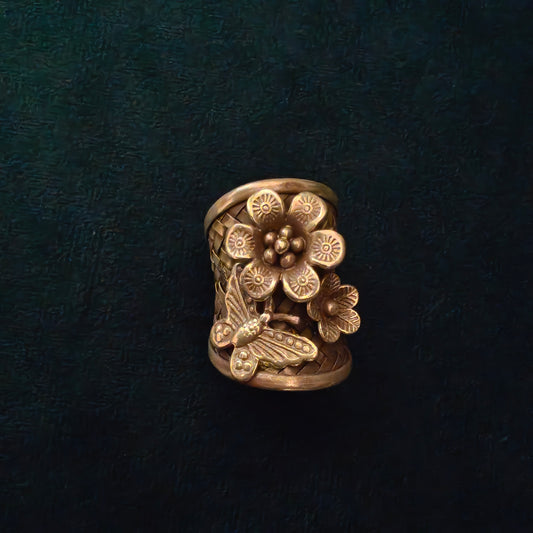 Boho Braided Adjustable Sterling Silver Ring With Butterfly And Flowers Long