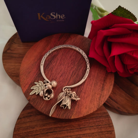 Exclusive Stamped Sterling Silver Charms Kada With Flowers Leaves and Bell