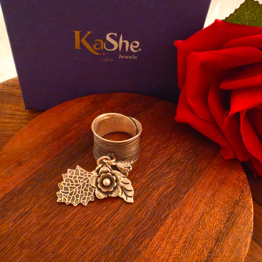 Statement Boho Textured Ring With Charms Flowers And  Leaves