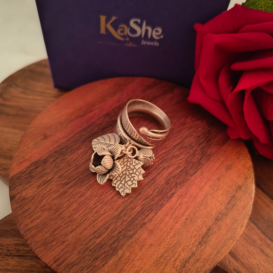 Statement Boho Textured Spiral Fish Ring With Charms Flowers And Leaves