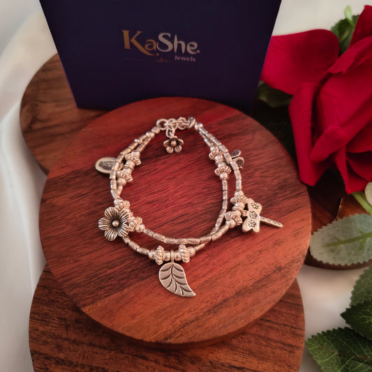 Exquisite Floral Two Layered Loose Bracelet With Flowers Leaves  Dragonfly Charms