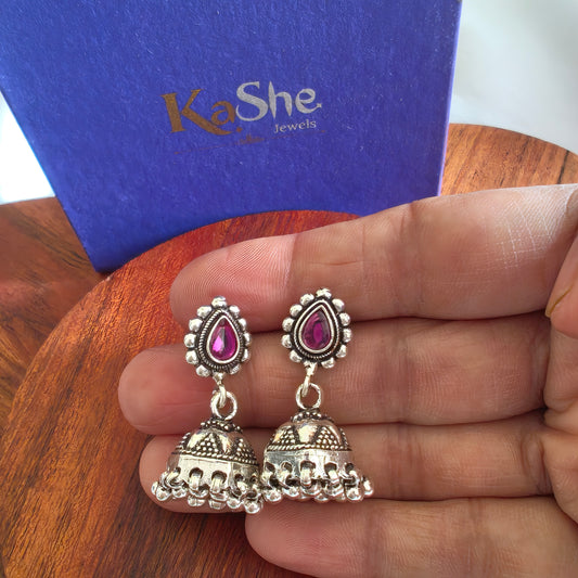 Pear Shaped Pink Stone Stud 92.5 Silver Jhumka  & Silver Danglers