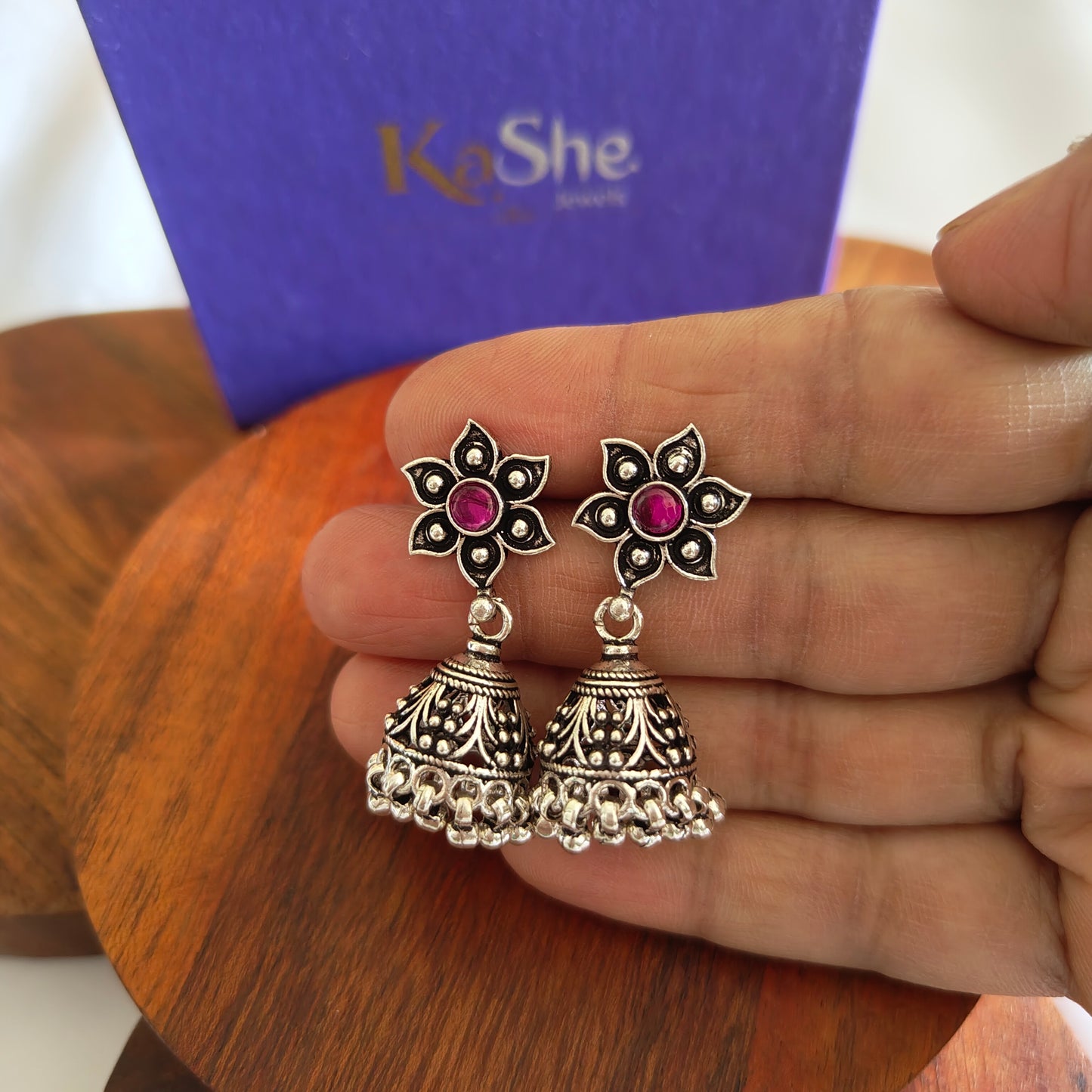 Flower Stud With Pink Stone 92.5 Silver Jhumka  & Silver Danglers