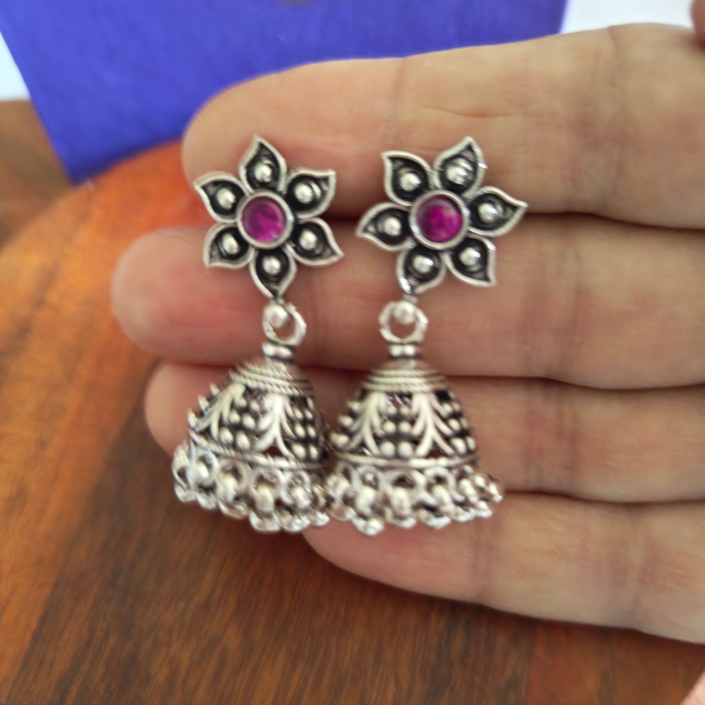 Flower Stud With Pink Stone 92.5 Silver Jhumka  & Silver Danglers