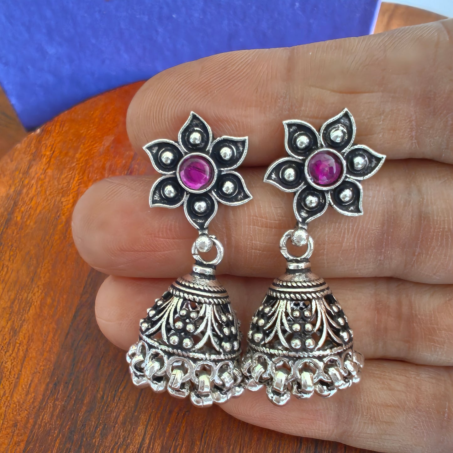 Flower Stud With Pink Stone 92.5 Silver Jhumka  & Silver Danglers