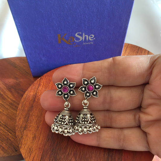 Flower Stud With Pink Stone 92.5 Silver Jhumka  & Silver Danglers