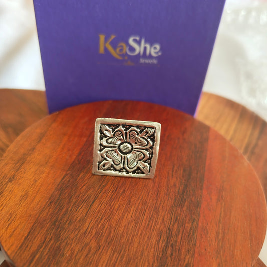 Classic Silver Floral And Fona Chitai Square Shaped Ring (ii)