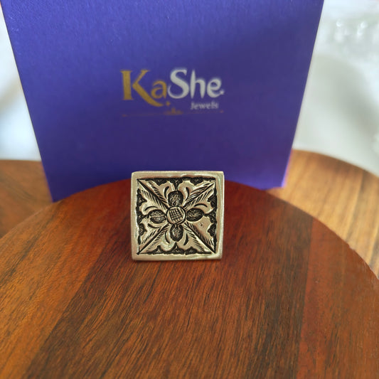 Classic Silver Floral And Fona Chitai Square Shaped Ring (iii)