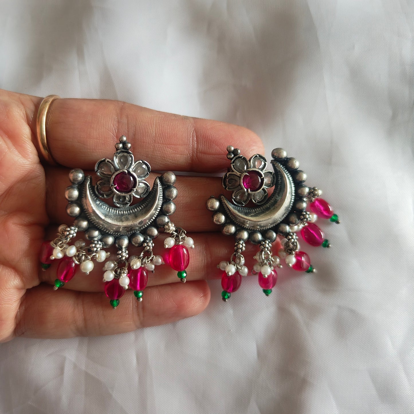 Pink and Green Stone Studs Silver Half Moon Temple Dangler with Pearl Danglers