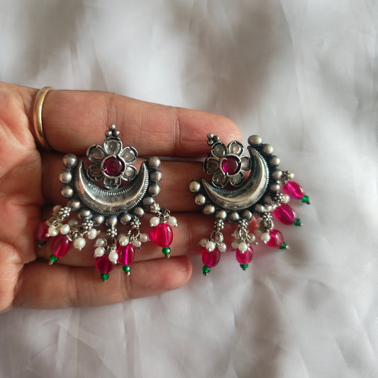 Pink and Green Stone Studs Silver Half Moon Temple Dangler with Pearl Danglers