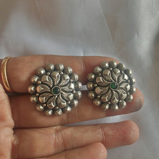 Intricate Antique Finish Green Stone Flower Temple Stud Earrings