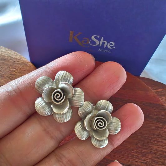 3D Floral Rose Textured Earring with Post Stud