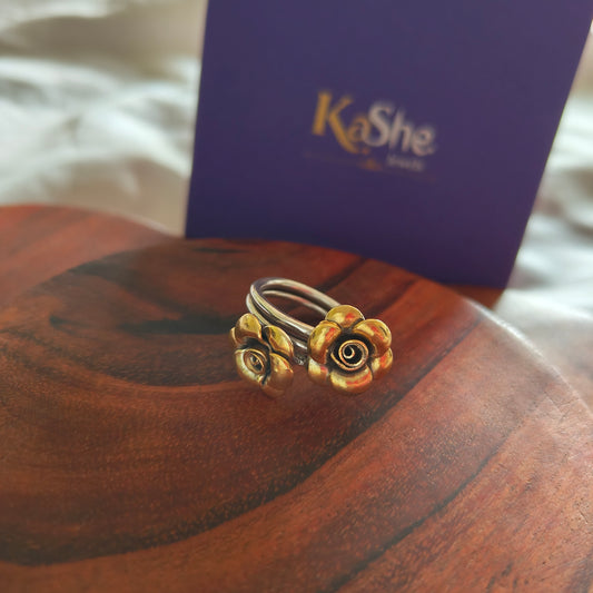 Boho Dual Tone Adjustable Sterling Silver Ring With Two Roses