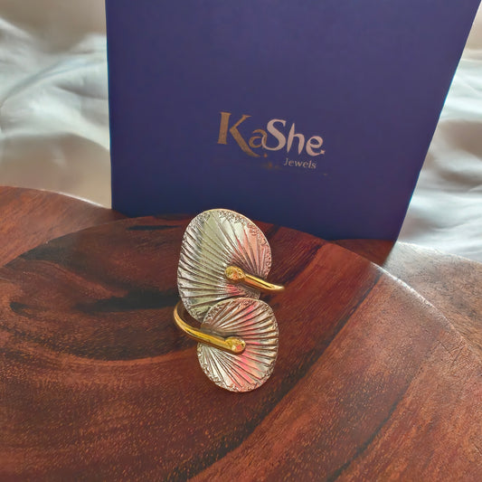 Boho Dual Tone Adjustable Sterling Silver Ring With Wrapped Leaves